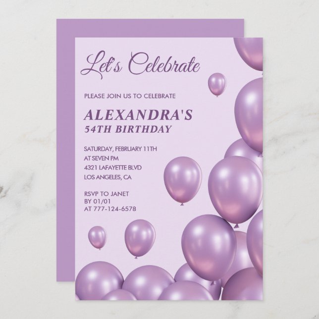 Chic 54th birthday invitations Balloons  Purple (Front/Back)