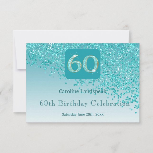 Chic 60 Birthday Teal Blue Glitter RSVP Card (Front)
