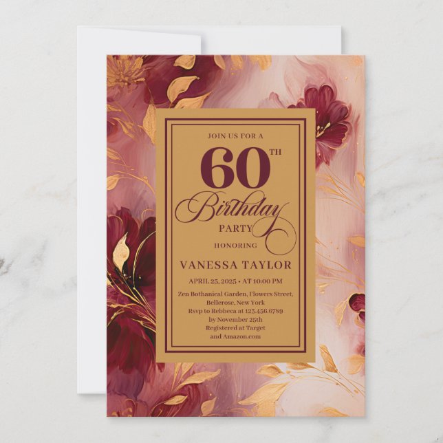Chic 60th Birthday Marsala Blush Gold Boho Invite (Front)