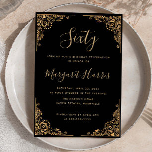 Chic 60th Sixty Gold Frame Black Birthday Invitation