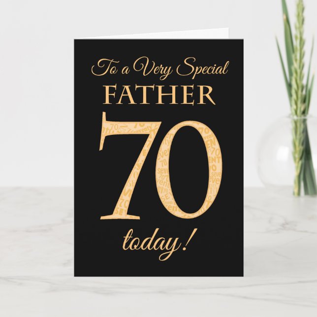 Chic 70th Gold-effect on Black, Father Birthday Card (Front)