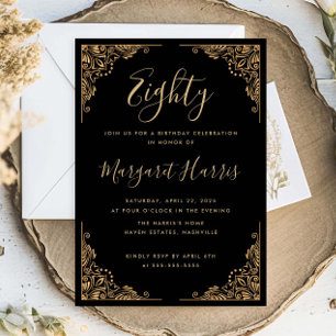 Chic 80th Eighty Gold Frame Black Birthday Invitation