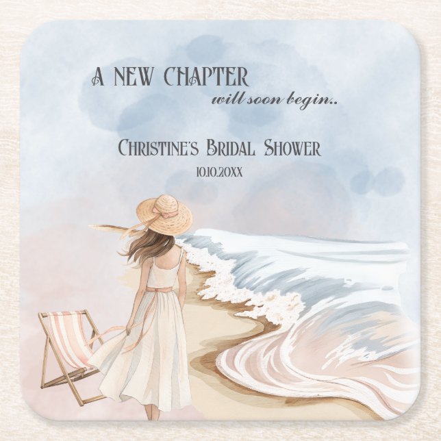 Chic 'A New Chapter' Beach and Waves Bridal Shower Square Paper Coaster (Front)
