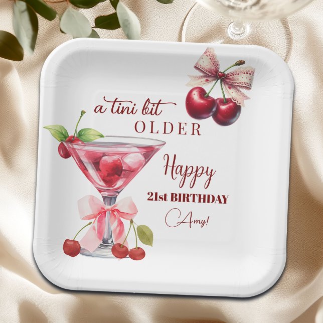 Chic A Tini Bit Older Cherry Martini 21st Birthday Paper Plate (Creator Uploaded)