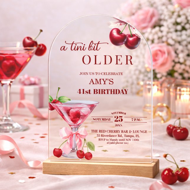 Chic A Tini Bit Older Cherry Martini 41st Birthday Acrylic Invitations (Creator Uploaded)