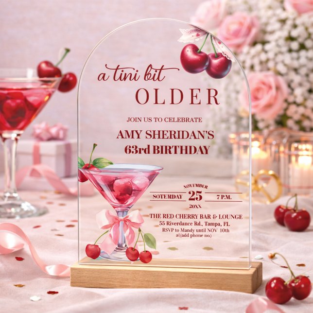 Chic A Tini Bit Older Cherry Martini 63rd Birthday Acrylic Invitations (Creator Uploaded)