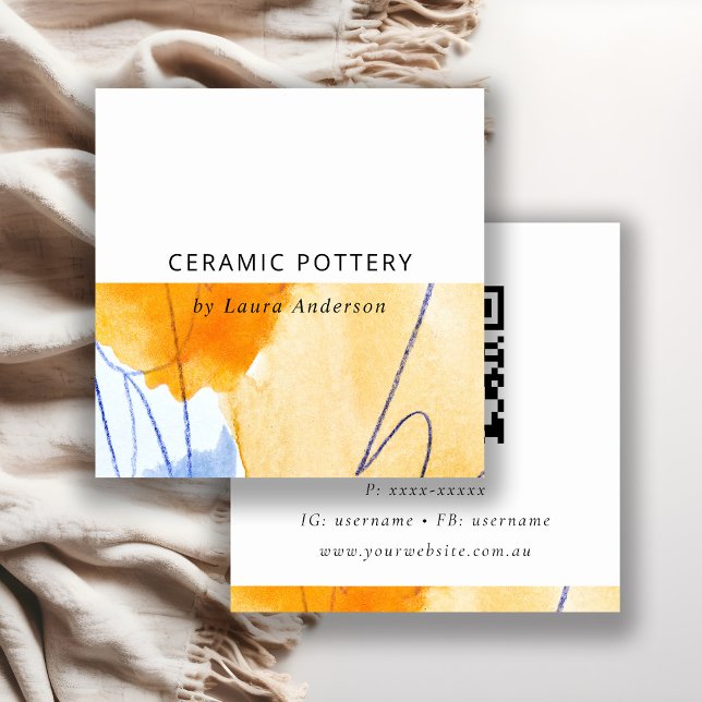 Chic Abstract Artistic Yellow Blue Art QR Code Square Business Card (Creator Uploaded)