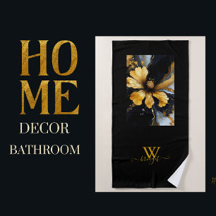 chic abstract black gold floral beach towel
