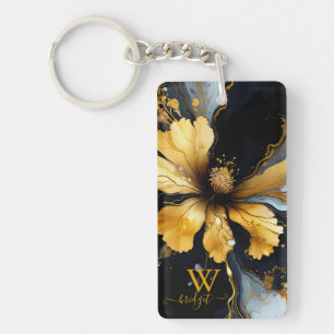 chic abstract black gold floral keychain