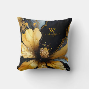 chic abstract black gold floral throw pillow