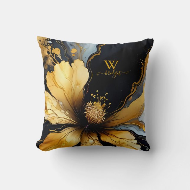 chic abstract black gold floral throw pillow (Front)