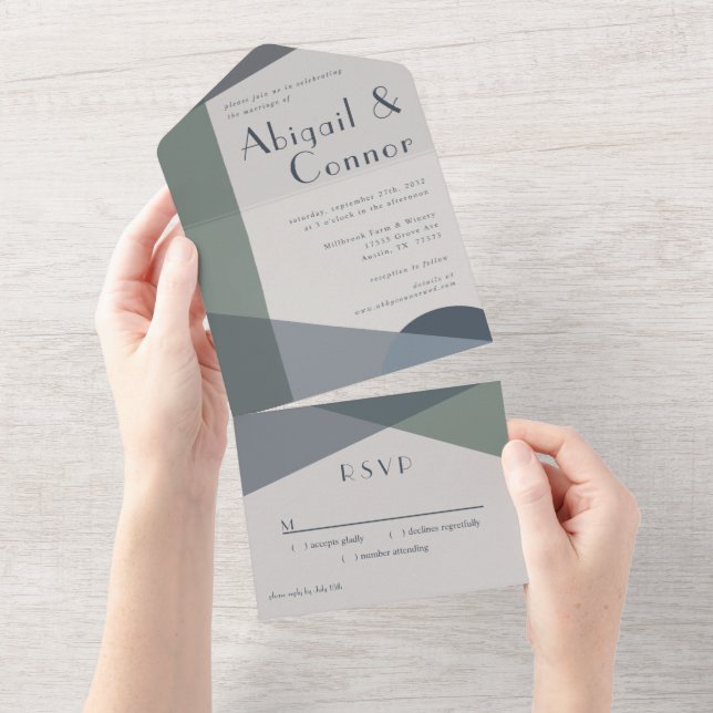 Chic Abstract Geometric Sage Navy Dusty Blue All In One Invitation (Tearaway)