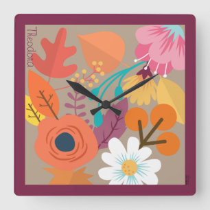 Chic Abstract Gold Leaf Colourful Flower Square Wall Clock