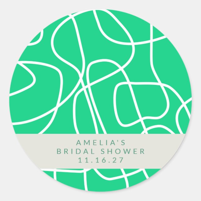 Chic Abstract Modern Line Art Green Bridal Shower Classic Round Sticker (Front)