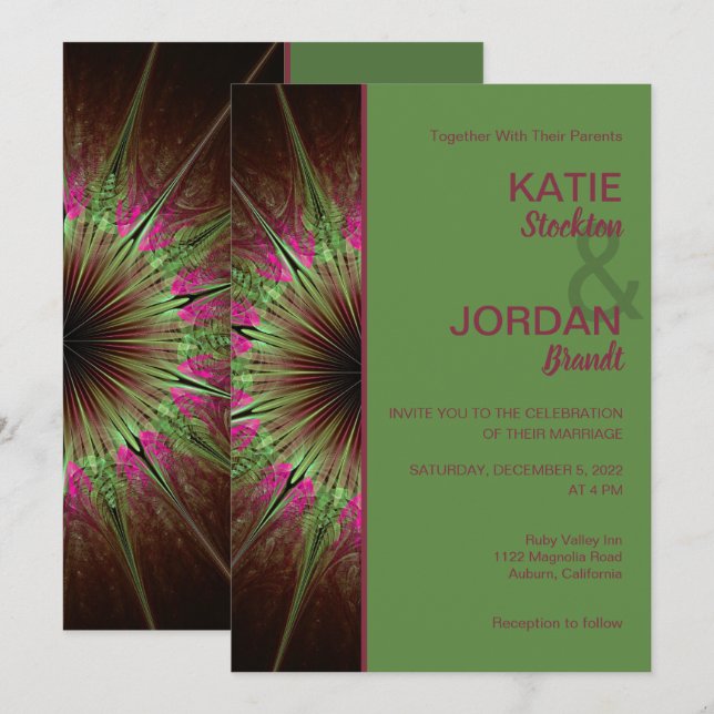 Chic Abstract Pink and Green Wedding Invitation (Front/Back)