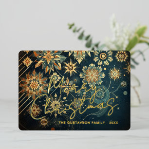 Chic Abstract Teal Blue Snowflake Floral Art Gold Foil Holiday Card