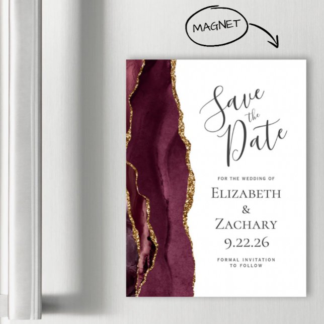 Chic Agate Burgundy Gold Magnetic Save the Date (Creator Uploaded)