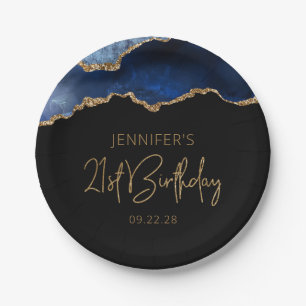 Chic Agate Geode Blue Gold 21st Birthday Party Paper Plate