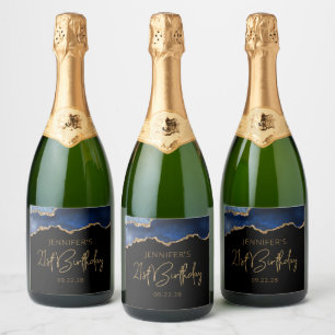 Chic Agate Geode Blue Gold 21st Birthday Party Sparkling Wine Label