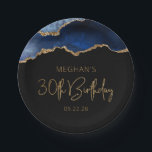 Chic Agate Geode Blue Gold 30th Birthday Party Paper Plate<br><div class="desc">These chic, glamourous 30th birthday party paper plates feature a watercolor image of an agate geode in shades of blue with faux gold glitter highlights. The words "30th Birthday" appear in faux gold glitter in a decorative modern handwriting font. Customize it with the name of the honoree and the date...</div>