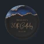 Chic Agate Geode Blue Gold 30th Birthday Party Paper Plate<br><div class="desc">These chic, glamourous 30th birthday party paper plates feature a watercolor image of an agate geode in shades of blue with faux gold glitter highlights. The words "30th Birthday" appear in faux gold glitter in a decorative modern handwriting font. Customize it with the name of the honoree and the date...</div>