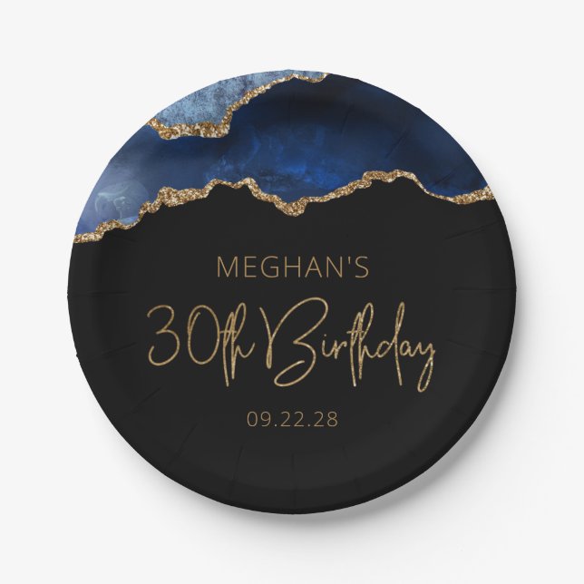 Chic Agate Geode Blue Gold 30th Birthday Party Paper Plate (Front)