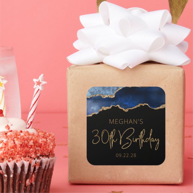Chic Agate Geode Blue Gold 30th Birthday Party Square Sticker (Party)