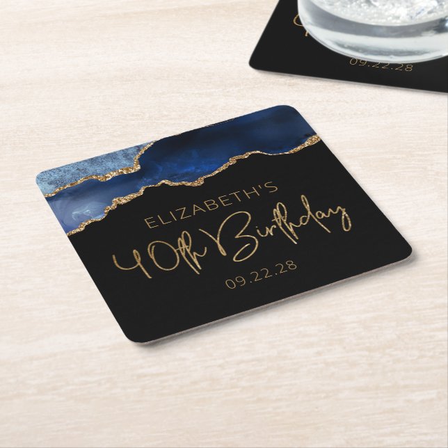 Chic Agate Geode Blue Gold 40th Birthday Party Square Paper Coaster (Angled)