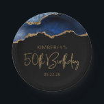 Chic Agate Geode Blue Gold 50th Birthday Party Paper Plate<br><div class="desc">These chic, glamourous 50th birthday party paper plates feature a watercolor image of an agate geode in shades of blue with faux gold glitter highlights. The words "50th Birthday" appear in faux gold glitter in a decorative modern handwriting font. Customize it with the name of the honoree and the date...</div>