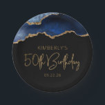 Chic Agate Geode Blue Gold 50th Birthday Party Paper Plate<br><div class="desc">These chic, glamourous 50th birthday party paper plates feature a watercolor image of an agate geode in shades of blue with faux gold glitter highlights. The words "50th Birthday" appear in faux gold glitter in a decorative modern handwriting font. Customize it with the name of the honoree and the date...</div>