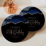 Chic Agate Geode Blue Gold 60th Birthday Party Paper Plate<br><div class="desc">These chic, glamourous 60th birthday party paper plates feature a watercolor image of an agate geode in shades of blue with faux gold glitter highlights. The words "60th Birthday" appear in faux gold glitter in a decorative modern handwriting font. Customize it with the name of the honoree and the date...</div>