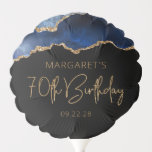 Chic Agate Geode Blue Gold 70th Birthday Party Balloon<br><div class="desc">This 70th birthday party balloon features a watercolor image of an agate geode in shades of blue with faux gold glitter highlights. The words "70th Birthday" appear in faux gold glitter in a decorative modern handwriting font. Customize it with the name of the honoree and the date in gold coloured...</div>
