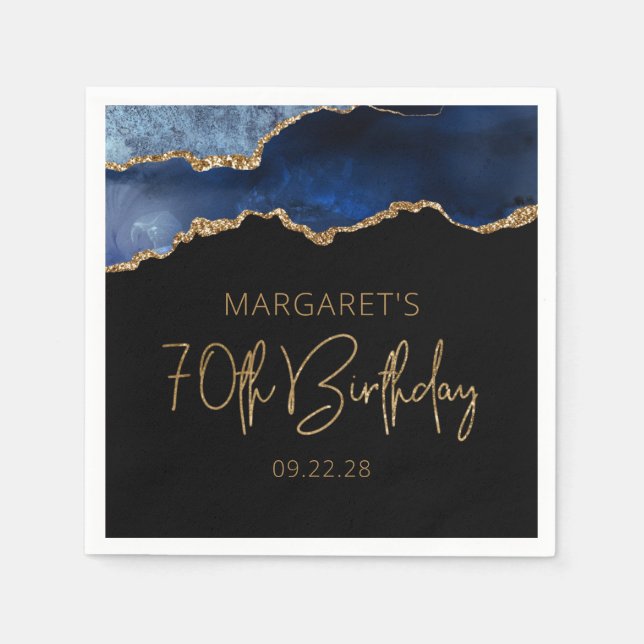 Chic Agate Geode Blue Gold 70th Birthday Party Napkin (Front)