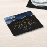 Chic Agate Geode Blue Gold 70th Birthday Party Square Paper Coaster<br><div class="desc">These chic, glamourous 70th birthday party paper coasters feature a watercolor image of an agate geode in shades of blue with faux gold glitter highlights. The words "70th Birthday" appear in faux gold glitter in a decorative modern handwriting font. Customize them with the name of the honoree and the date...</div>
