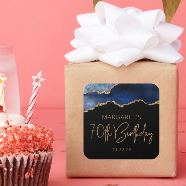 Chic Agate Geode Blue Gold 70th Birthday Party Square Sticker (Party)