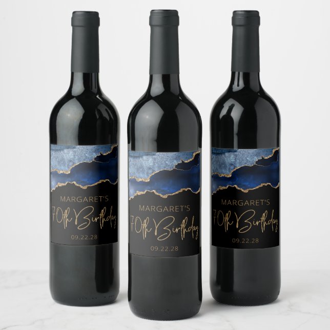 Chic Agate Geode Blue Gold 70th Birthday Party Wine Label (Bottles)
