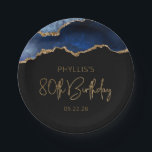 Chic Agate Geode Blue Gold 80th Birthday Party Paper Plate<br><div class="desc">These chic, glamourous 80th birthday party paper plates feature a watercolor image of an agate geode in shades of blue with faux gold glitter highlights. The words "80th Birthday" appear in faux gold glitter in a decorative modern handwriting font. Customize it with the name of the honoree and the date...</div>