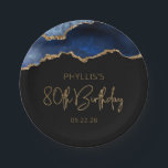 Chic Agate Geode Blue Gold 80th Birthday Party Paper Plate<br><div class="desc">These chic, glamourous 80th birthday party paper plates feature a watercolor image of an agate geode in shades of blue with faux gold glitter highlights. The words "80th Birthday" appear in faux gold glitter in a decorative modern handwriting font. Customize it with the name of the honoree and the date...</div>