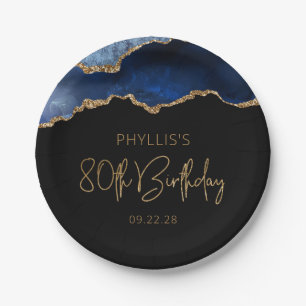 Chic Agate Geode Blue Gold 80th Birthday Party Paper Plate