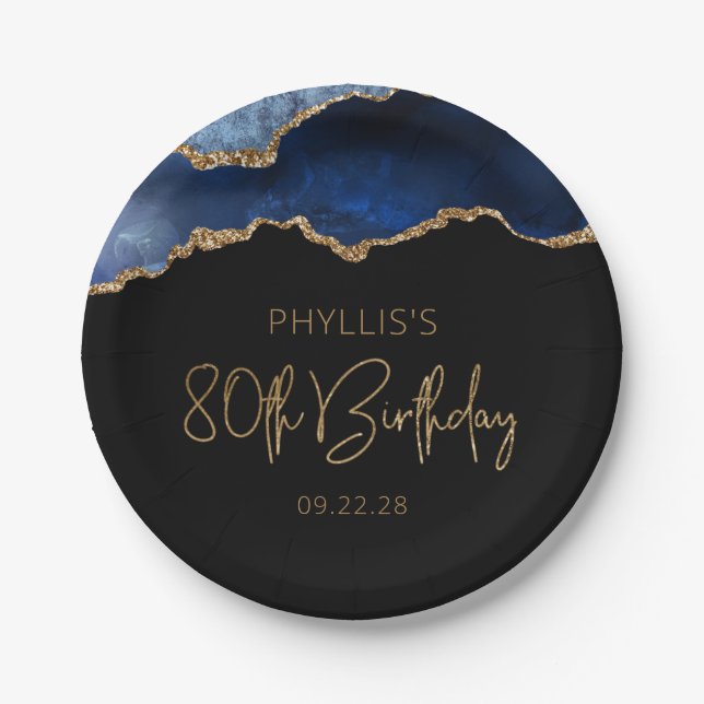 Chic Agate Geode Blue Gold 80th Birthday Party Paper Plate (Front)