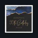 Chic Agate Geode Blue Gold 90th Birthday Party Napkin<br><div class="desc">These chic, glamourous 90th birthday party paper napkins feature a watercolor image of an agate geode in shades of blue with faux gold glitter highlights. The words "90th Birthday" appear in faux gold glitter in a decorative modern handwriting font. Customize it with the name of the honoree and the date...</div>