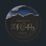 Chic Agate Geode Blue Gold 90th Birthday Party Paper Plate<br><div class="desc">These chic, glamourous 90th birthday party paper plates feature a watercolor image of an agate geode in shades of blue with faux gold glitter highlights. The words "90th Birthday" appear in faux gold glitter in a decorative modern handwriting font. Customize it with the name of the honoree and the date...</div>