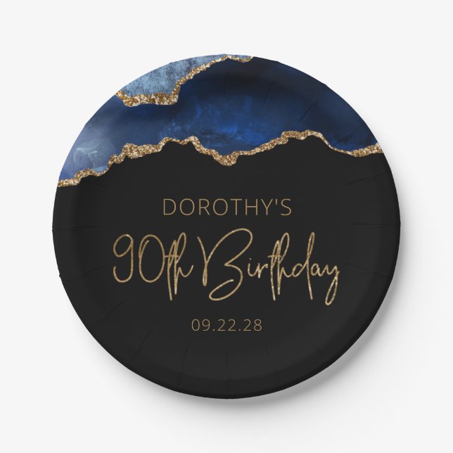 Chic Agate Geode Blue Gold 90th Birthday Party Paper Plate (Front)