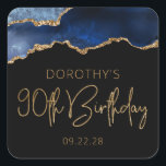 Chic Agate Geode Blue Gold 90th Birthday Party Square Sticker<br><div class="desc">These chic, glamourous 90th birthday party stickers feature a watercolor image of an agate geode in shades of blue with faux gold glitter highlights. The words "90th Birthday" appear in faux gold glitter in a decorative modern handwriting font. Customize them with the name of the honoree and the date in...</div>