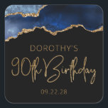 Chic Agate Geode Blue Gold 90th Birthday Party Square Sticker<br><div class="desc">These chic, glamourous 90th birthday party stickers feature a watercolor image of an agate geode in shades of blue with faux gold glitter highlights. The words "90th Birthday" appear in faux gold glitter in a decorative modern handwriting font. Customize them with the name of the honoree and the date in...</div>