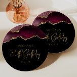 Chic Agate Geode Burgundy Gold 30th Birthday Party Paper Plate<br><div class="desc">These chic, glamourous 30th birthday party paper plates feature a watercolor image of an agate geode in shades of burgundy red with faux gold glitter highlights. The words "30th Birthday" appear in faux gold glitter in a decorative modern handwriting font. Customize it with the name of the honoree and the...</div>