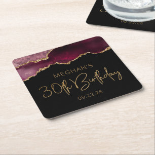 Chic Agate Geode Burgundy Gold 30th Birthday Party Square Paper Coaster