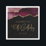 Chic Agate Geode Burgundy Gold 40th Birthday Napkin<br><div class="desc">These chic, glamourous 40th birthday party paper napkins feature a watercolor image of an agate geode in shades of burgundy red with faux gold glitter highlights. The words "40th Birthday" appear in faux gold glitter in a decorative modern handwriting font. Customize it with the name of the honoree and the...</div>