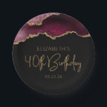 Chic Agate Geode Burgundy Gold 40th Birthday Party Paper Plate<br><div class="desc">These chic, glamourous 40th birthday party paper plates feature a watercolor image of an agate geode in shades of burgundy red with faux gold glitter highlights. The words "40th Birthday" appear in faux gold glitter in a decorative modern handwriting font. Customize it with the name of the honoree and the...</div>