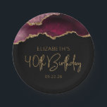 Chic Agate Geode Burgundy Gold 40th Birthday Party Paper Plate<br><div class="desc">These chic, glamourous 40th birthday party paper plates feature a watercolor image of an agate geode in shades of burgundy red with faux gold glitter highlights. The words "40th Birthday" appear in faux gold glitter in a decorative modern handwriting font. Customize it with the name of the honoree and the...</div>